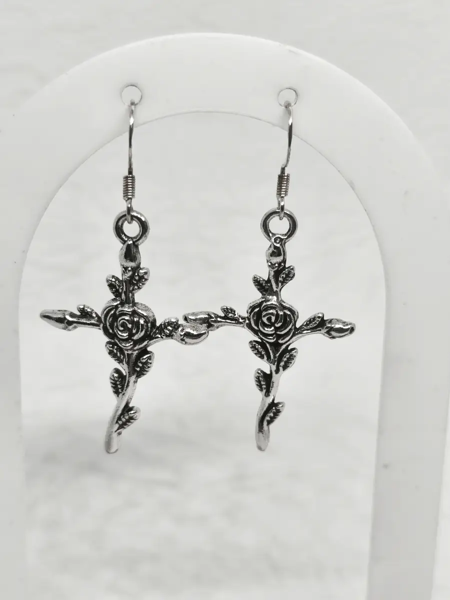 Silver 925 earhooks Cross with flowers dangle earrings