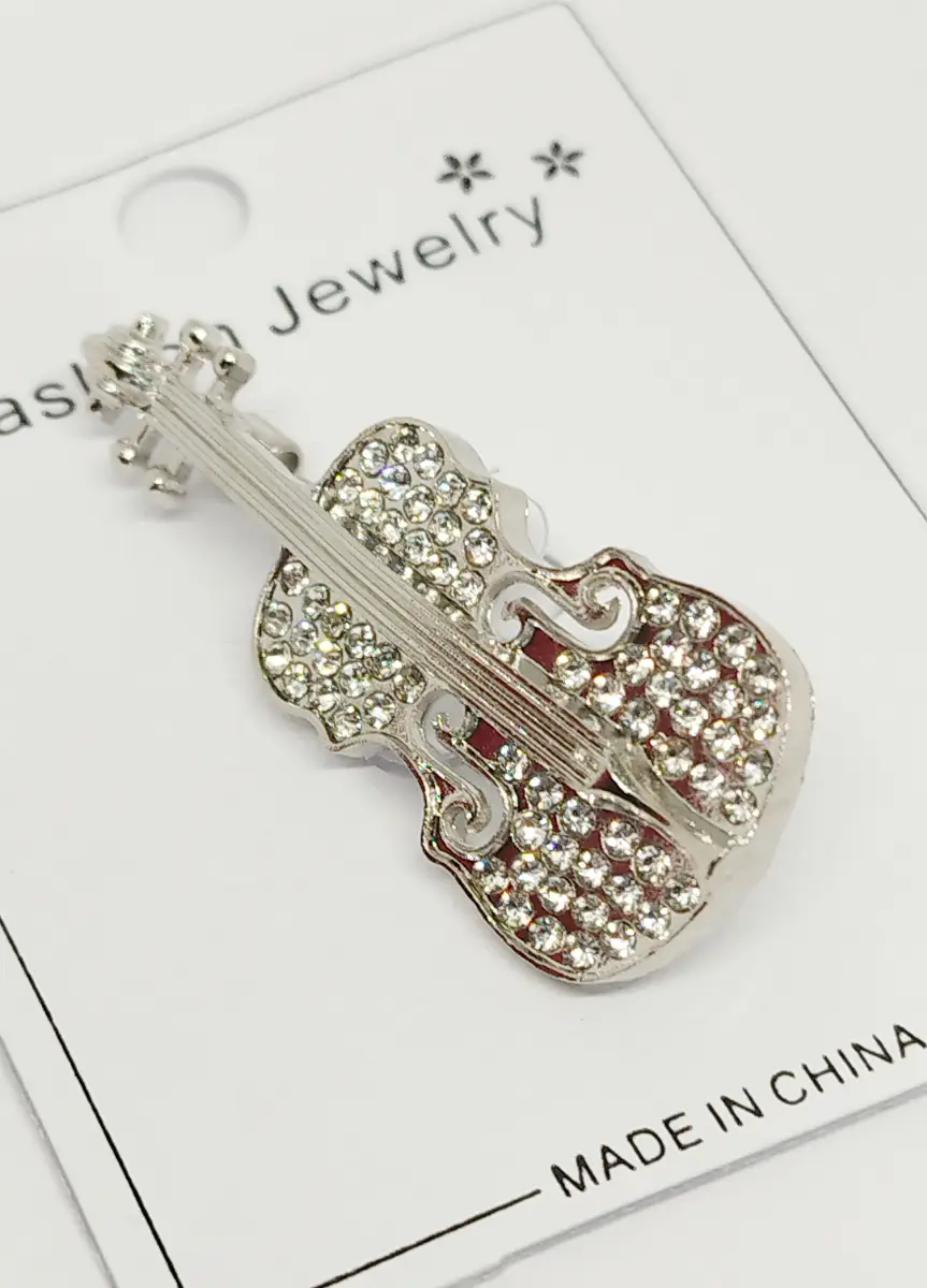 Silver tone gem set violin brooch