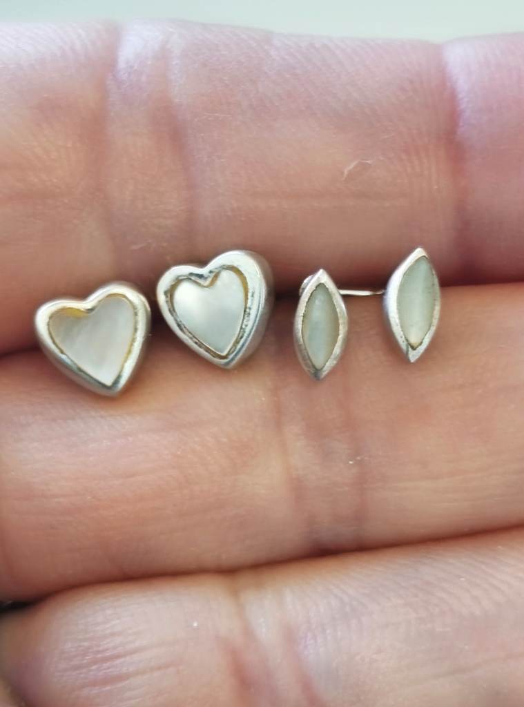 2 pairs silver 925 mother of pearl set stud earrings heart & marquise shaped