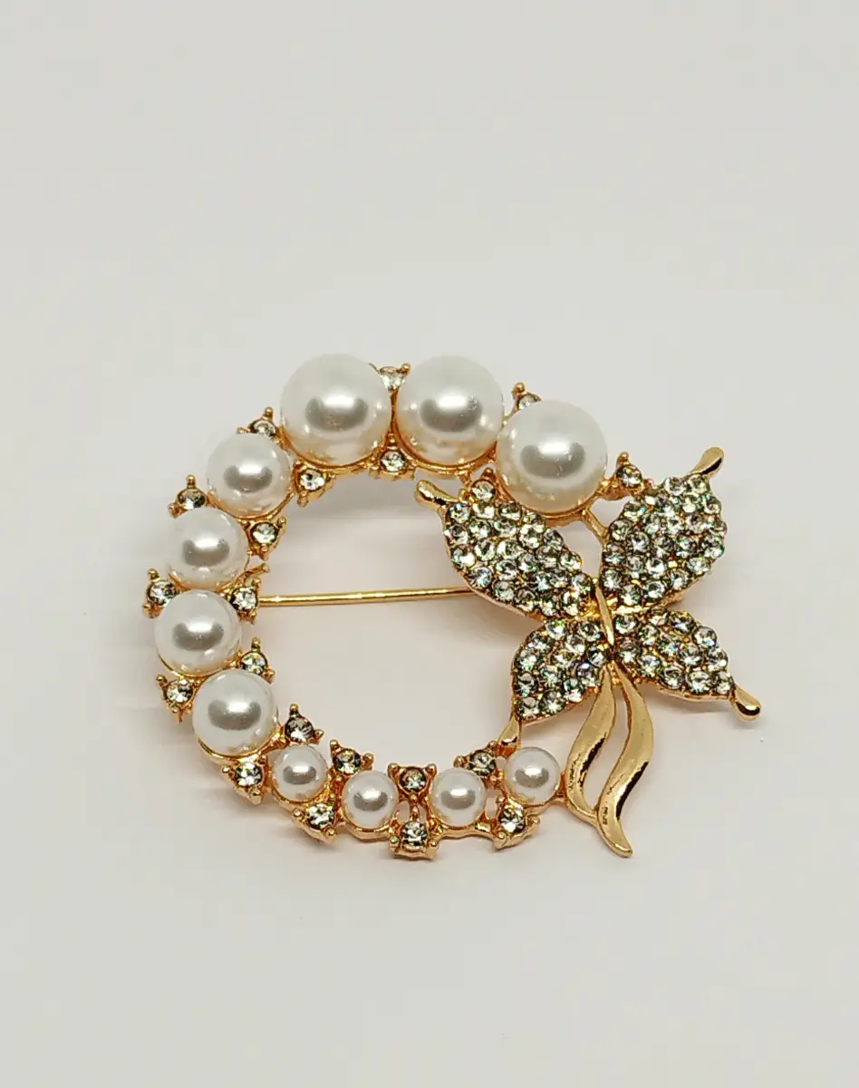 Gold tone gem set & faux pearl wreath butterfly brooch