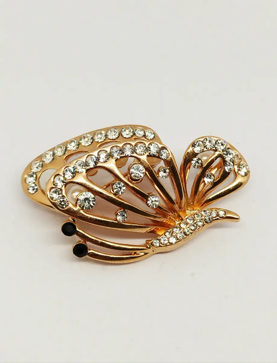 Rose gold tone gem & faux pearl butterfly brooch