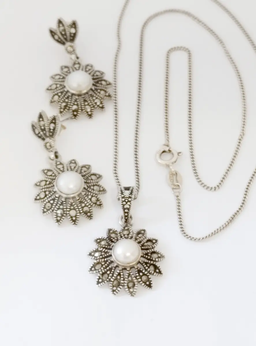 Vintage Silver Hallmarked 925 marcasite gem set necklace & earrings set