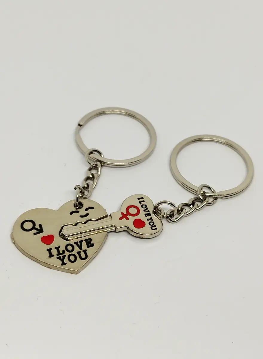 2 interlocking I Love You heart & key keyrings