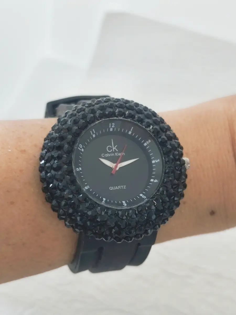 Calvin Klein black crystal bezel embellished quartz watch fully working