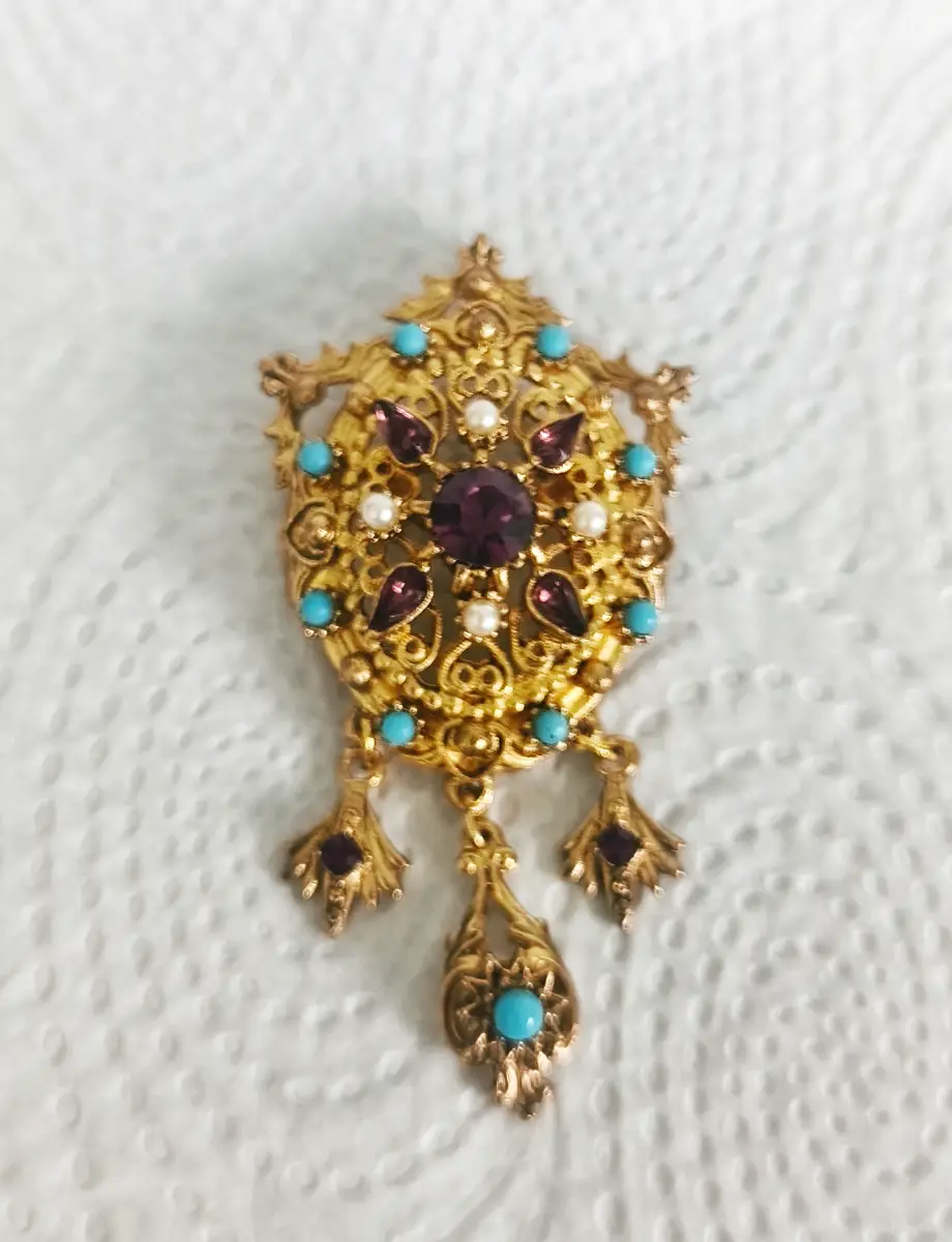 Classic Sphinx Victorian Gold tone Amethyst & Turquoise Girandole Brooch