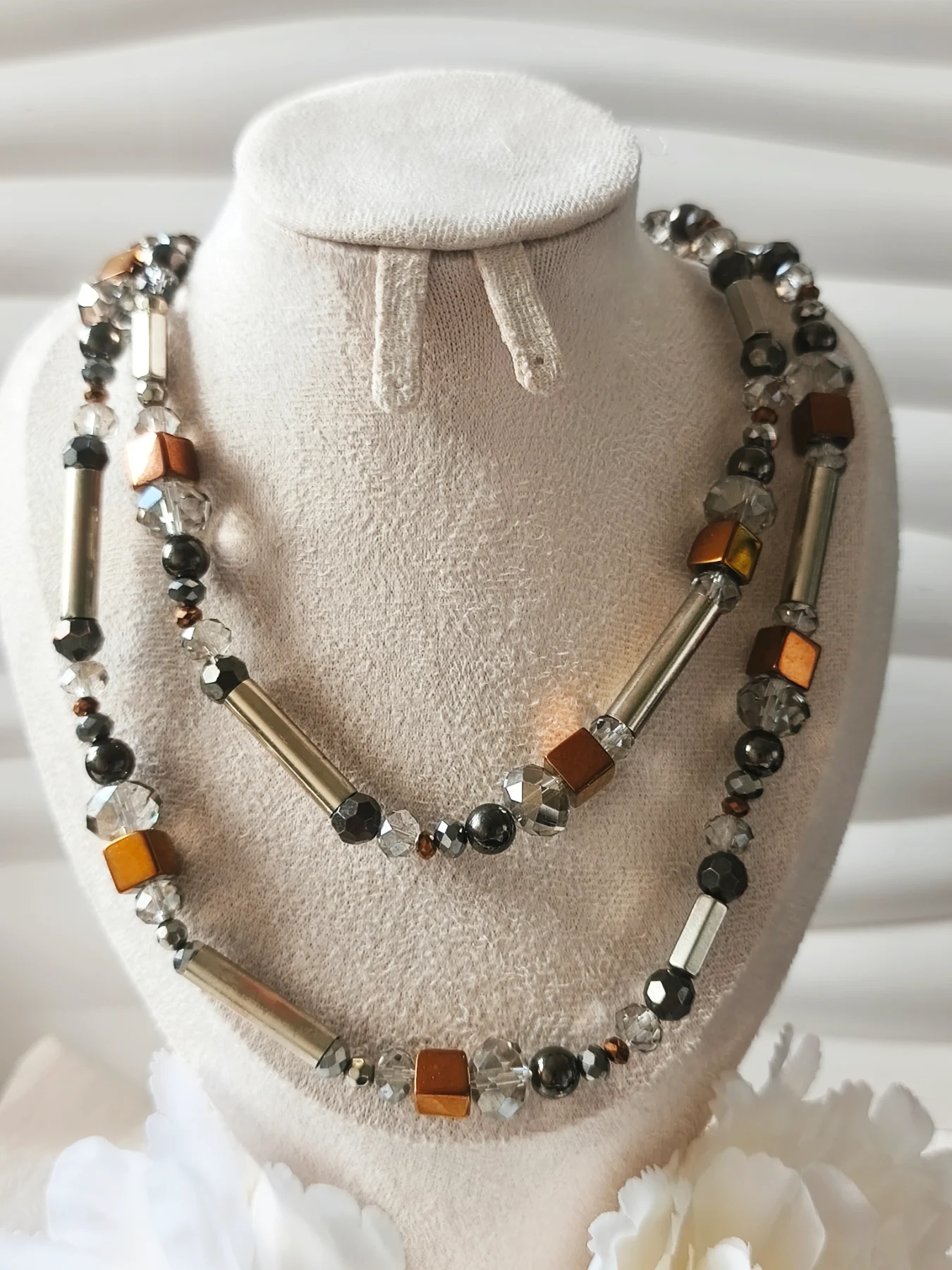 Long metallic & glass beaded necklace