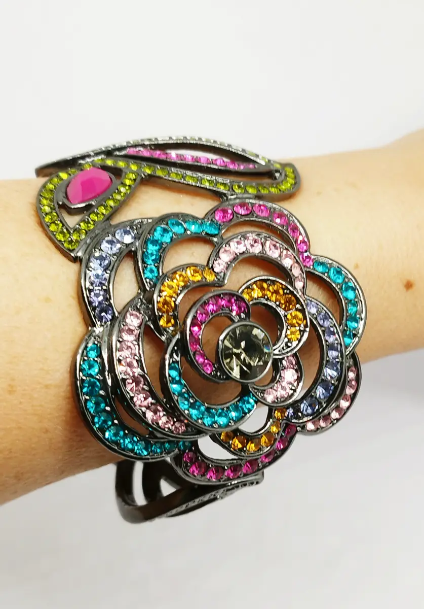 Wide multi coloured gem set bracelet bangle