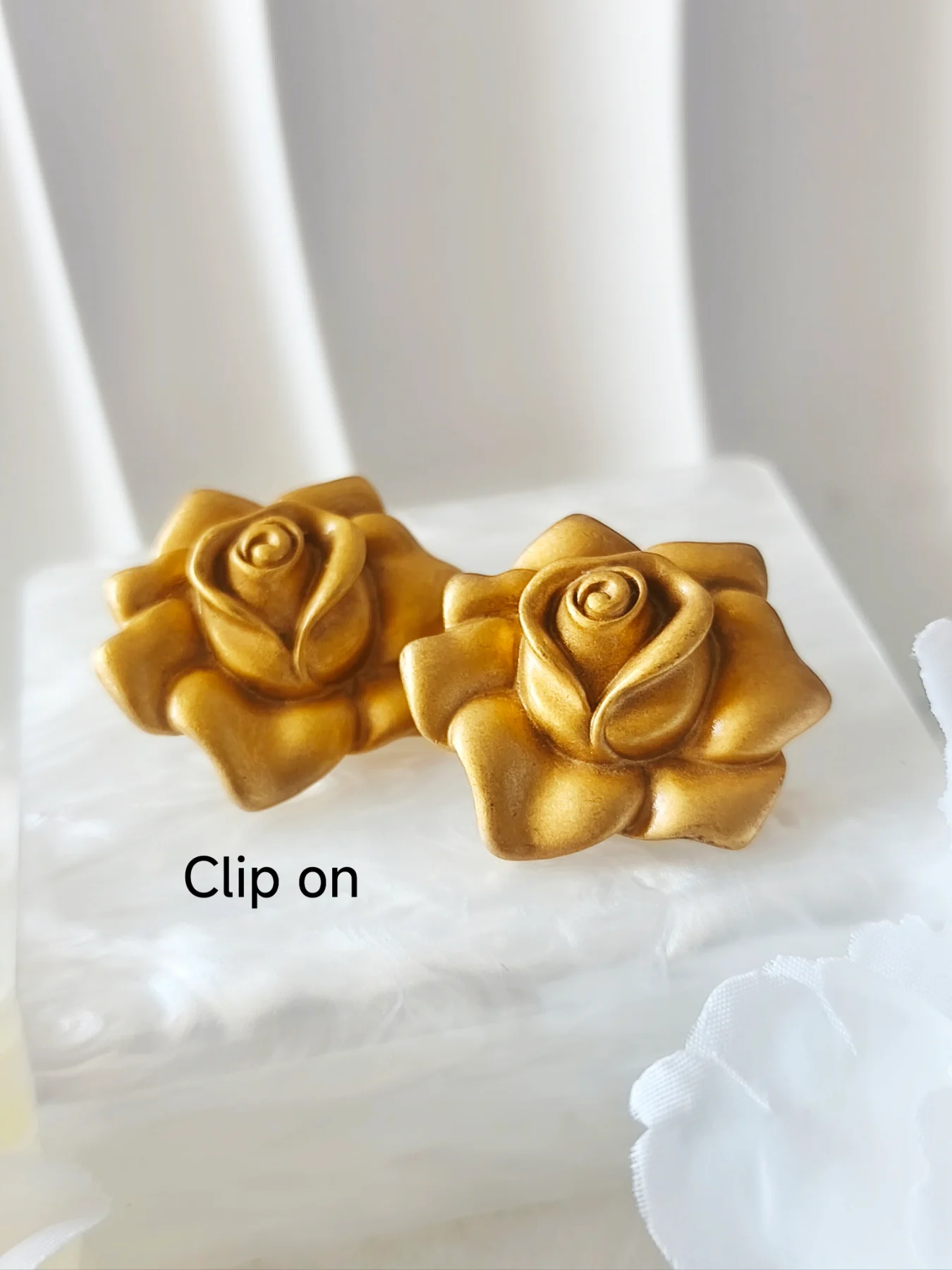 Vintage Matt gold tone soft petal rose flower clip on earrings