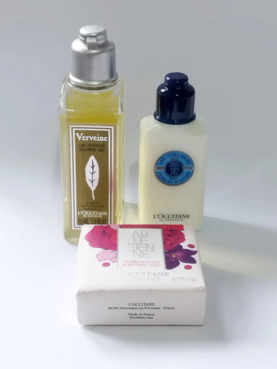 Set of 3 L'Occitane mini travel body lotion, shower gel & soap