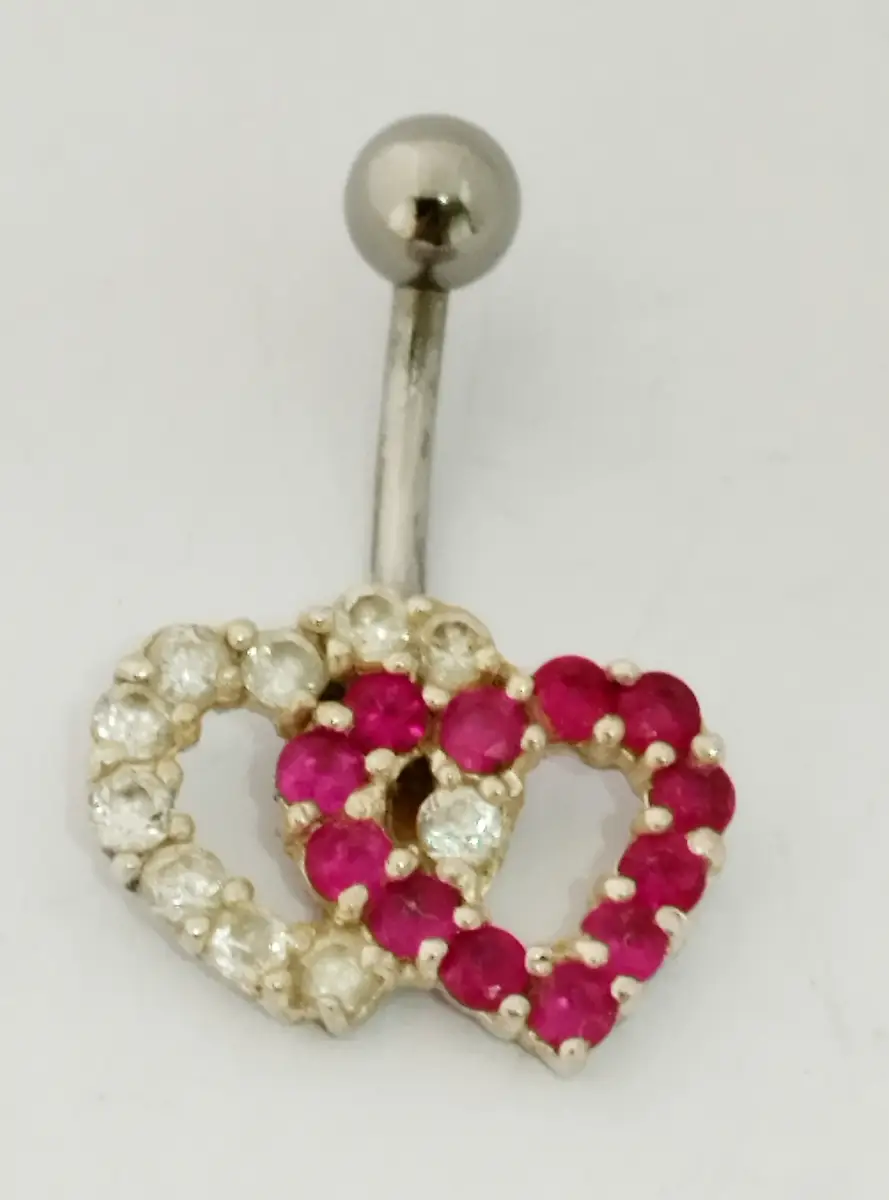 Silver Hallmarked 925 entwined hearts with gems belly bar