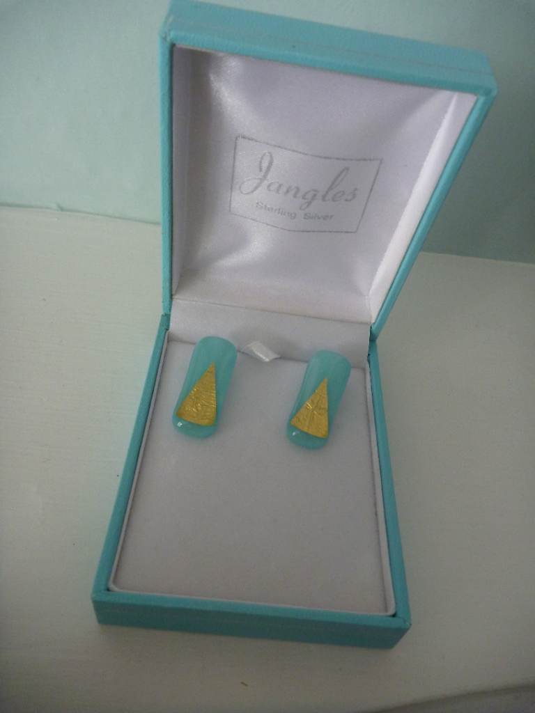 Jangles Sterling Silver Blue Stone Gold Leaf Earrings for Pierced Ears
