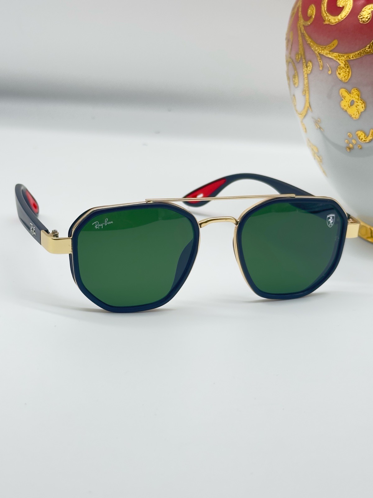Rayban x Ferrari Men’s Sunglasses- Dark Green Lenses Gold Black Frame