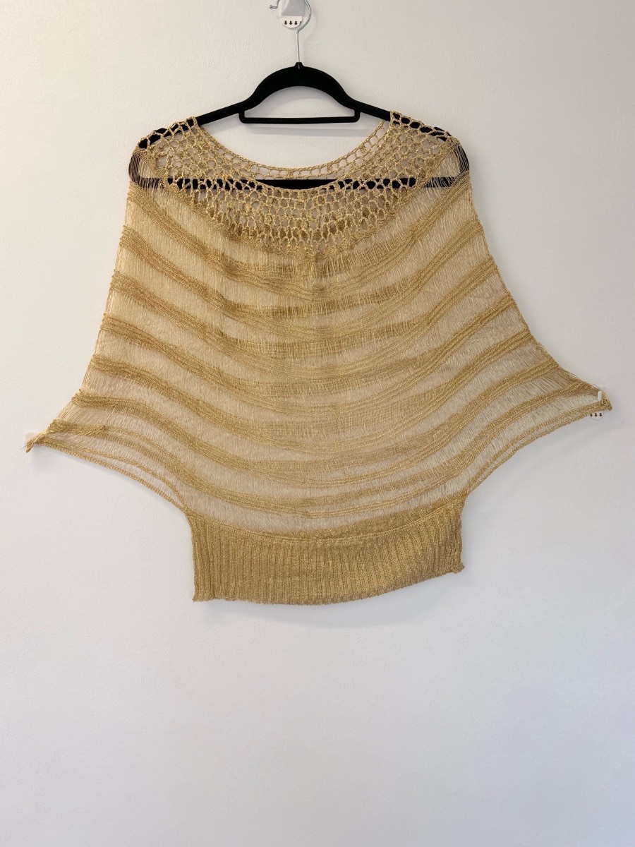 Y2K style gold metallic crochet knit batwing jumper top S M