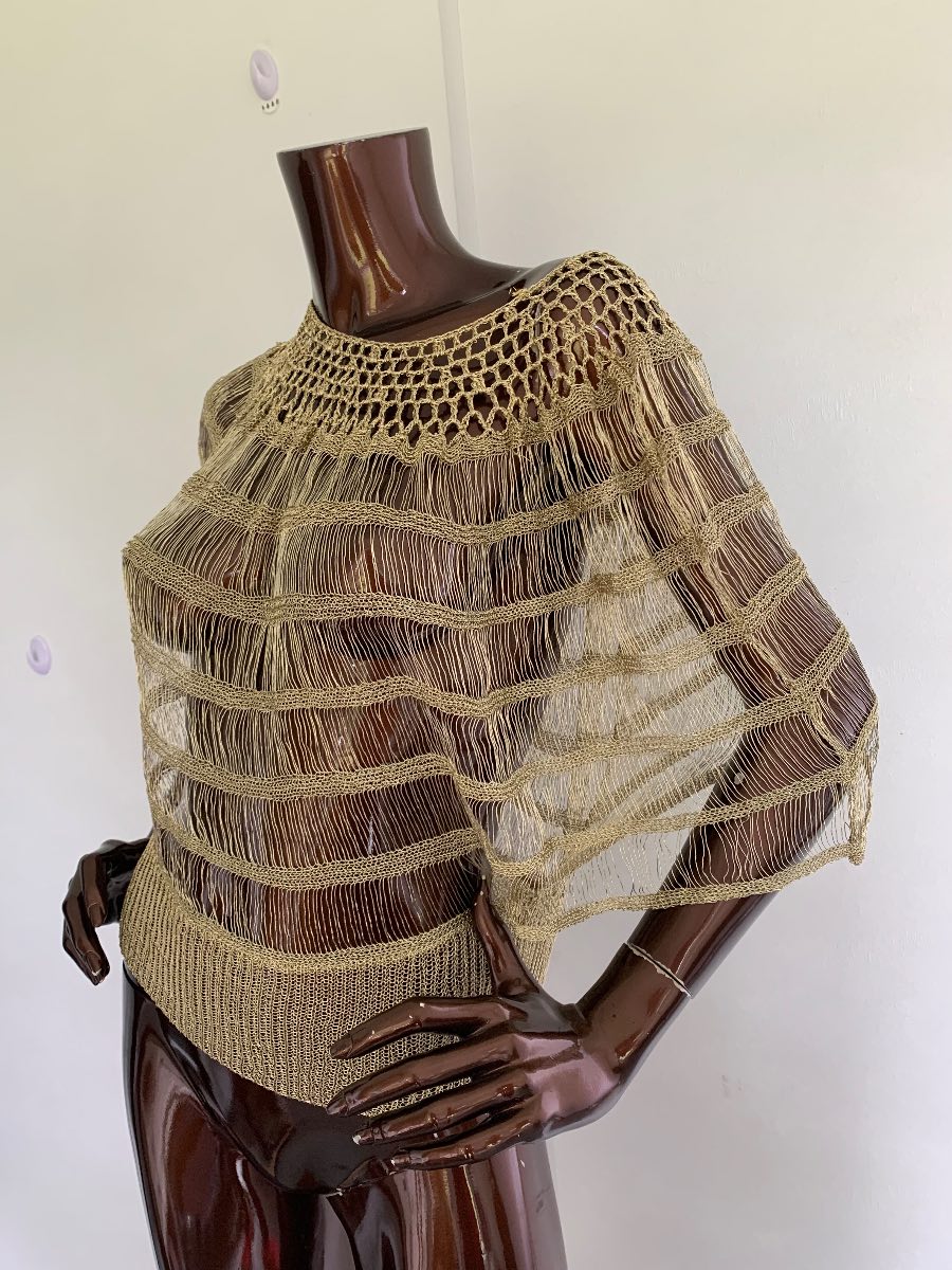 Gold metallic Y2K style crochet knit batwing top jumper cover up uk8 to uk12