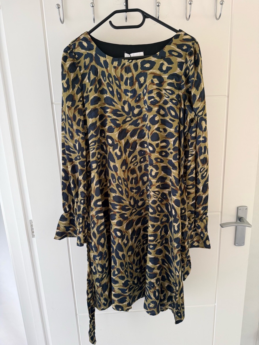 John Lewis sisters point animal leopard print belted satin dress M green khaki black