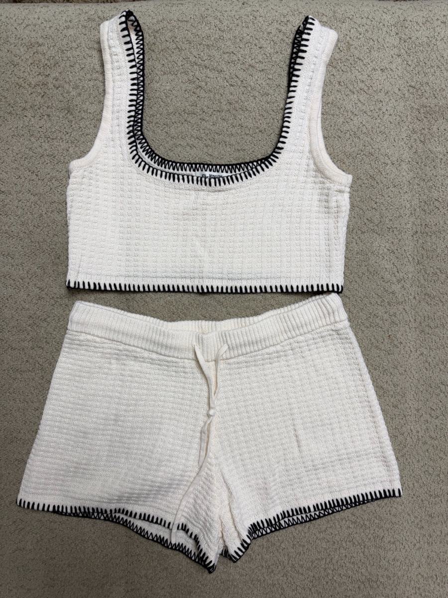 4th & Reckless Cream Contrast Stitch Knitted Co-Ord Set Crop Top Shorts UK 12