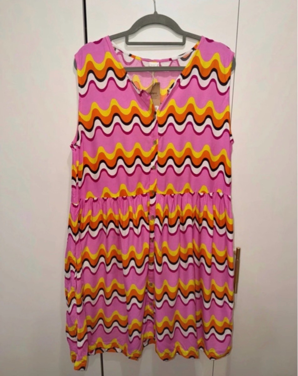 Next Girls Pink Retro Wave Print Summer Dress 14 Years 164cm EcoVero New With Tags Pockets