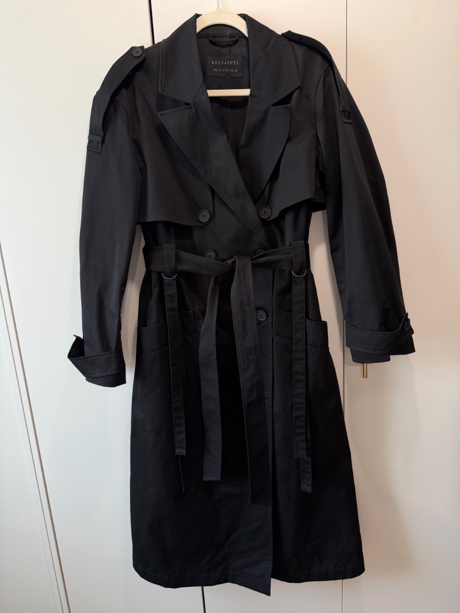AllSaints Cadence Relaxed Fit Black Trench Coat Size UK 10 Removable Sleeves New