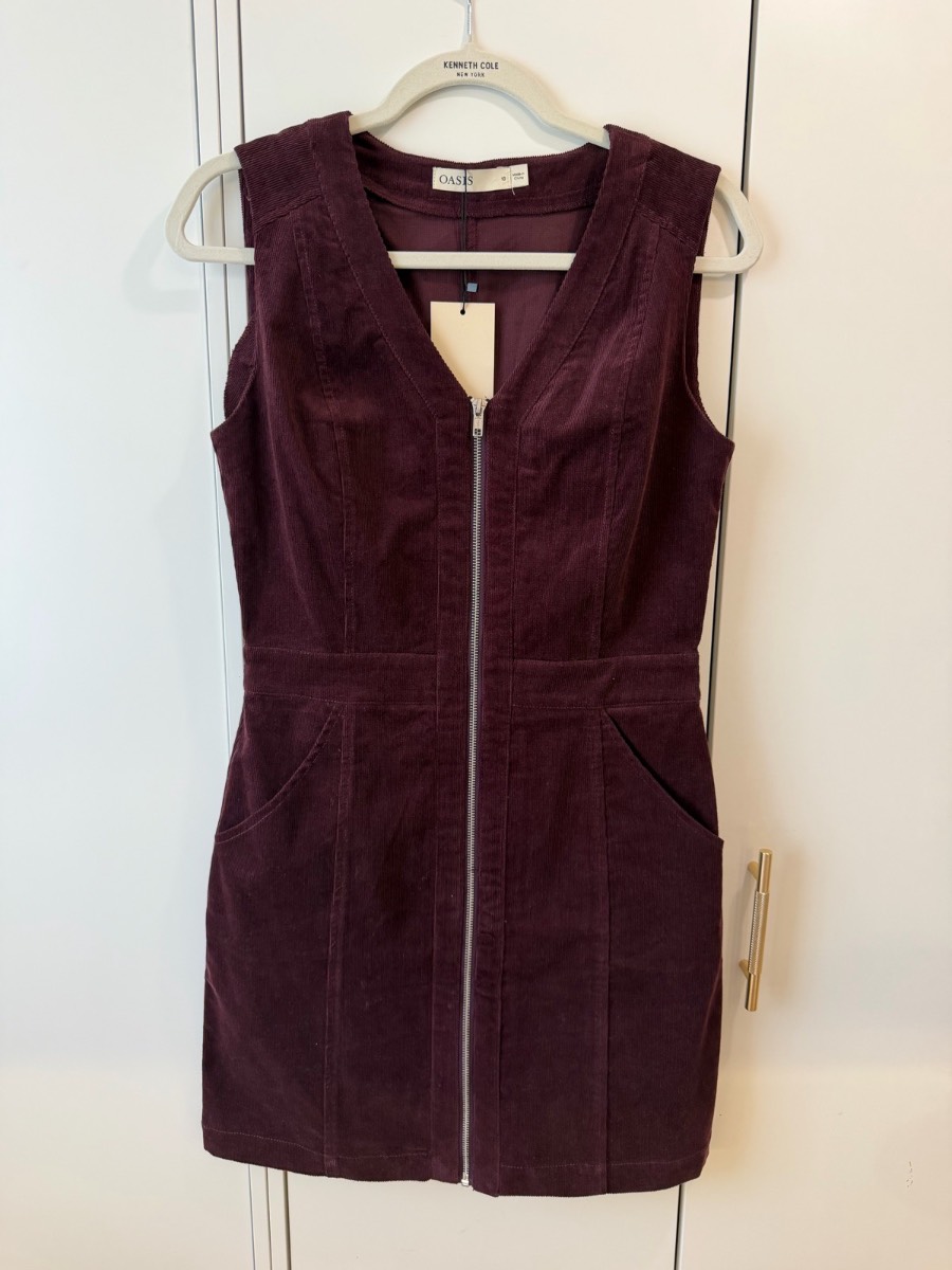 Oasis Aubergine Cord Zip Through Mini Dress Size 10 Burgundy Sleeveless Pinafore New With Tags