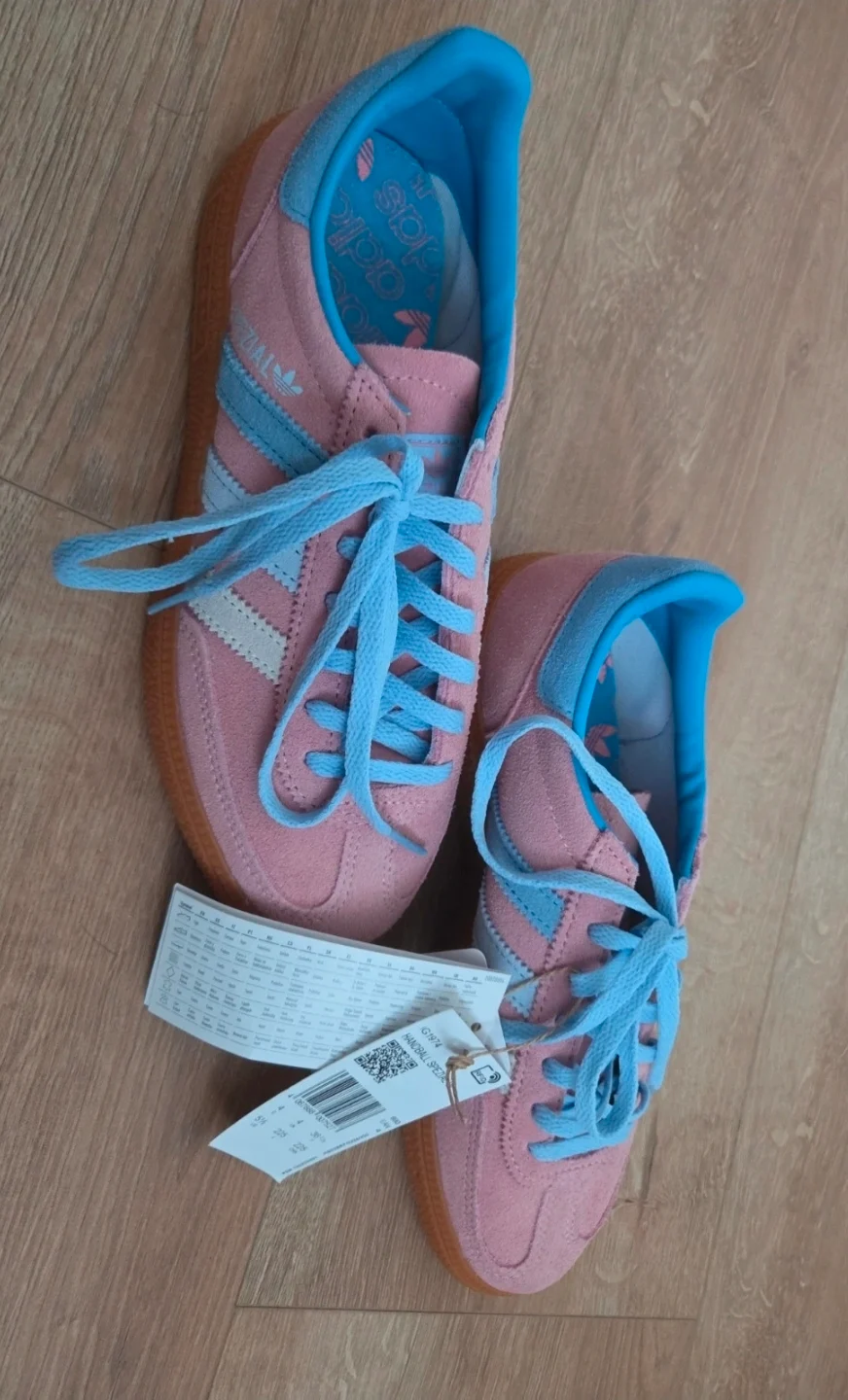 Adidas Handball Spezial trainers in semi pink spark and light blue sky colorway uk size 4