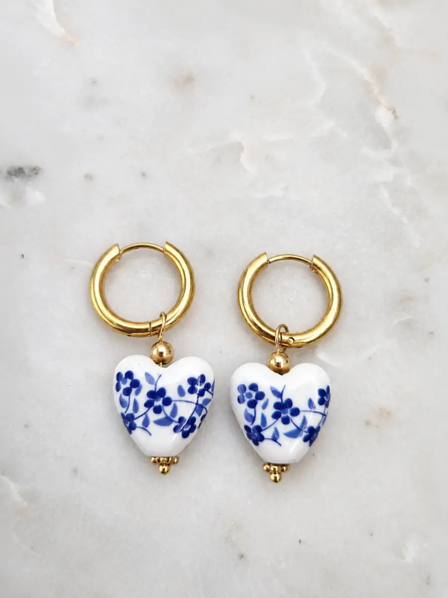 Oliver Bonas Blue & White Floral Heart Pendant Gold Hoop Earrings
