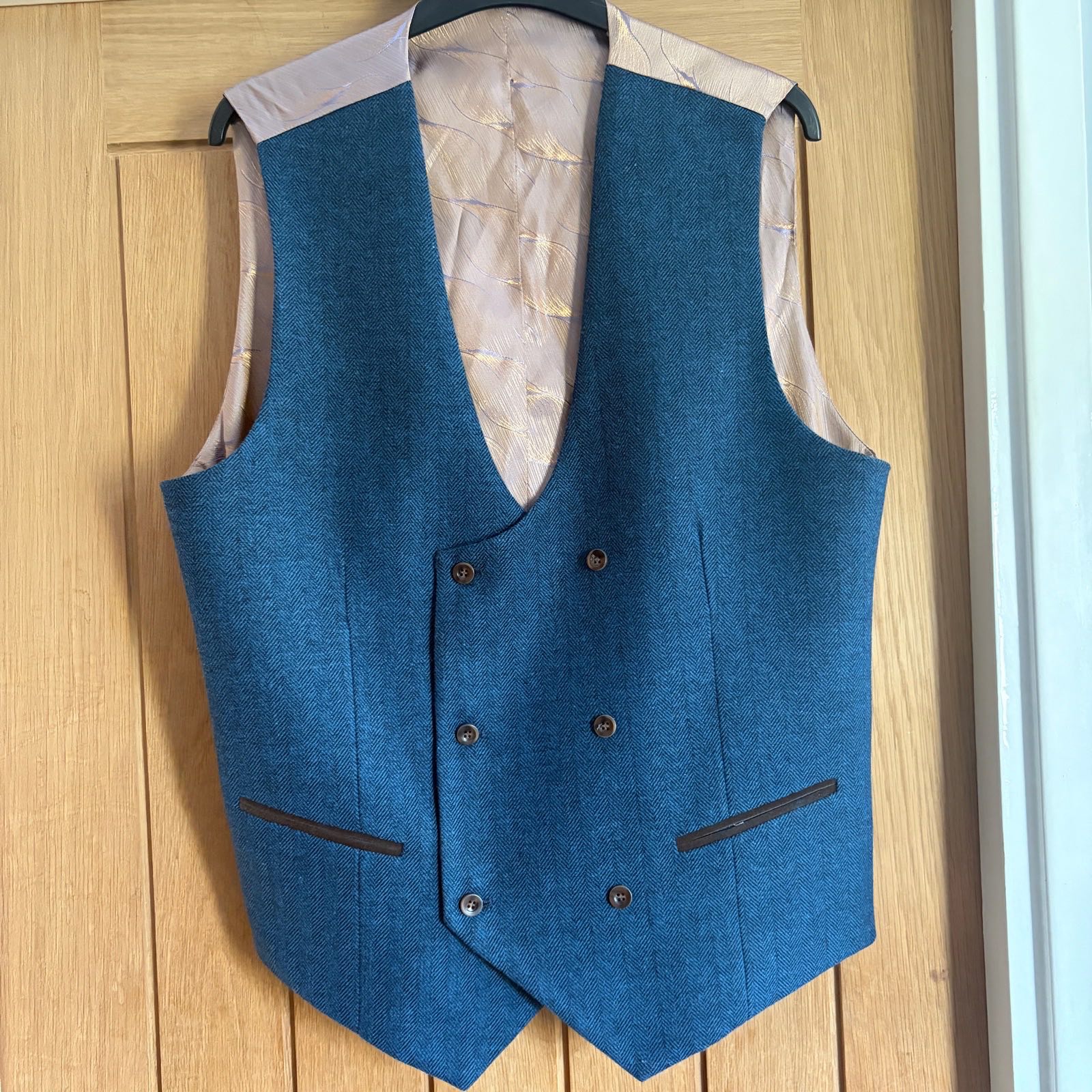 Charles Grey Blue Armstrong Waistcoat 44 Herringbone 50% Wool