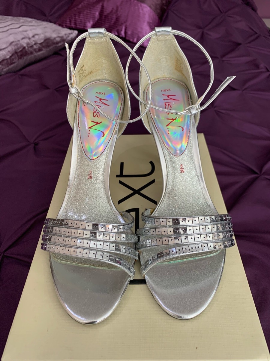 Next Miss N Silver Bling Heeled Sandals Size 6 Glitzy Glam Party Wedding Holiday