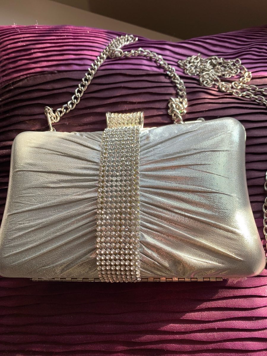 Silver Evening Clutch Bag Rhinestone Metallic Chain Shoulder Party Prom Wedding