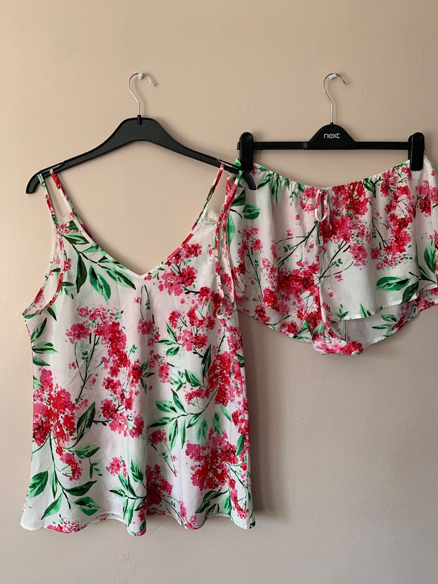 George Pink Floral Cami & Shorts Pyjama Set UK 16 Summer Holiday Lace Trim PJs
