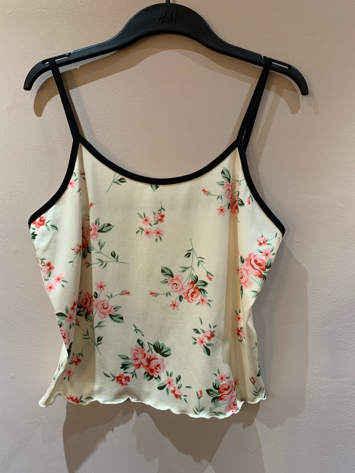 Floral Cami Top Cream Pink Rose Print Lettuce Hem Cami Size XL 12-14
