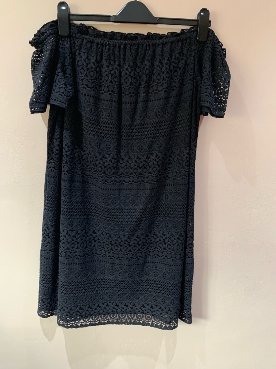 F&F Black Lace Off The Shoulder Dress Size UK 14 Lined Crochet Summer Holiday