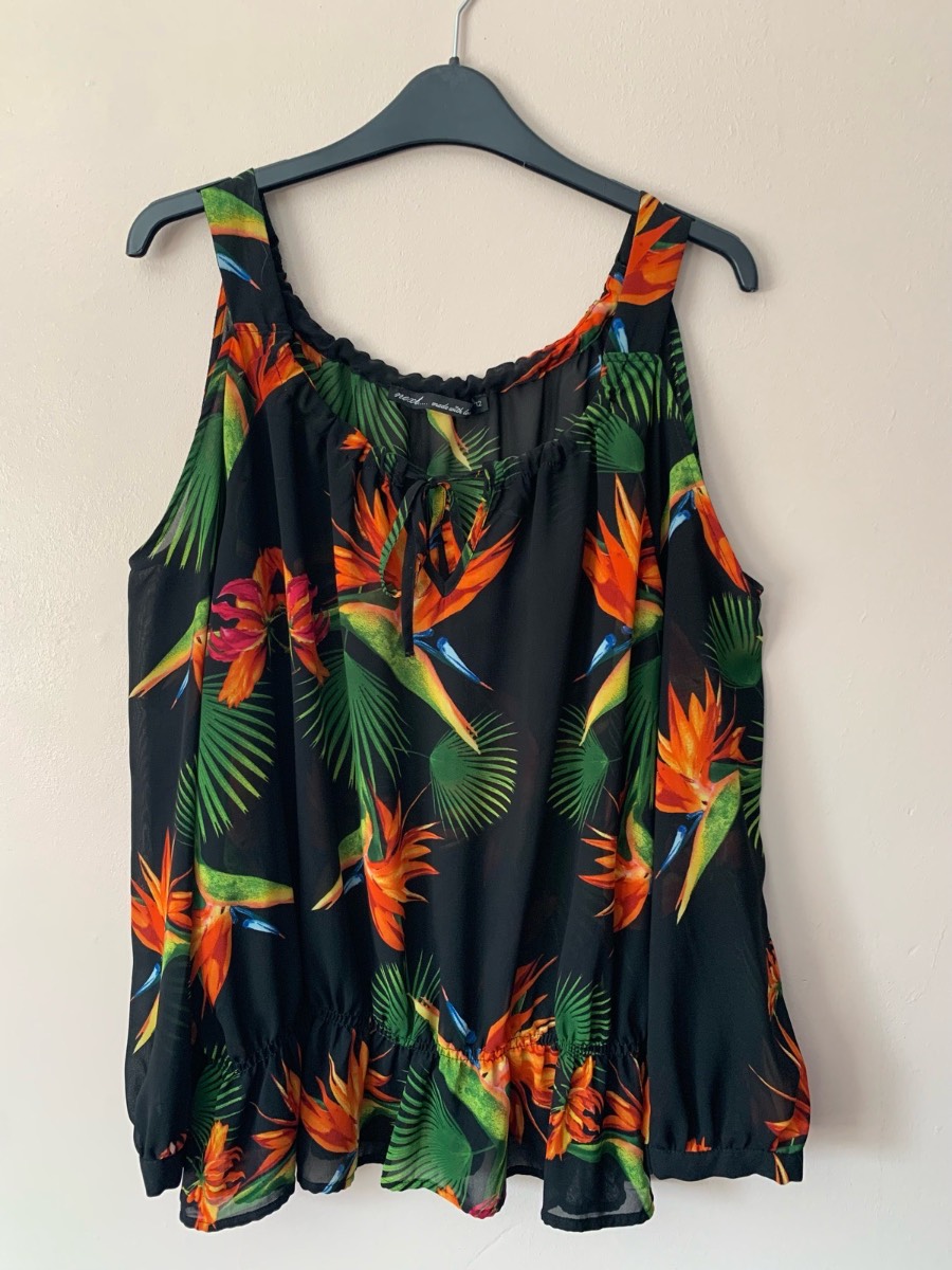 Next Size 12 Black Tropical Bird of Paradise Cold Shoulder Top Summer Holiday
