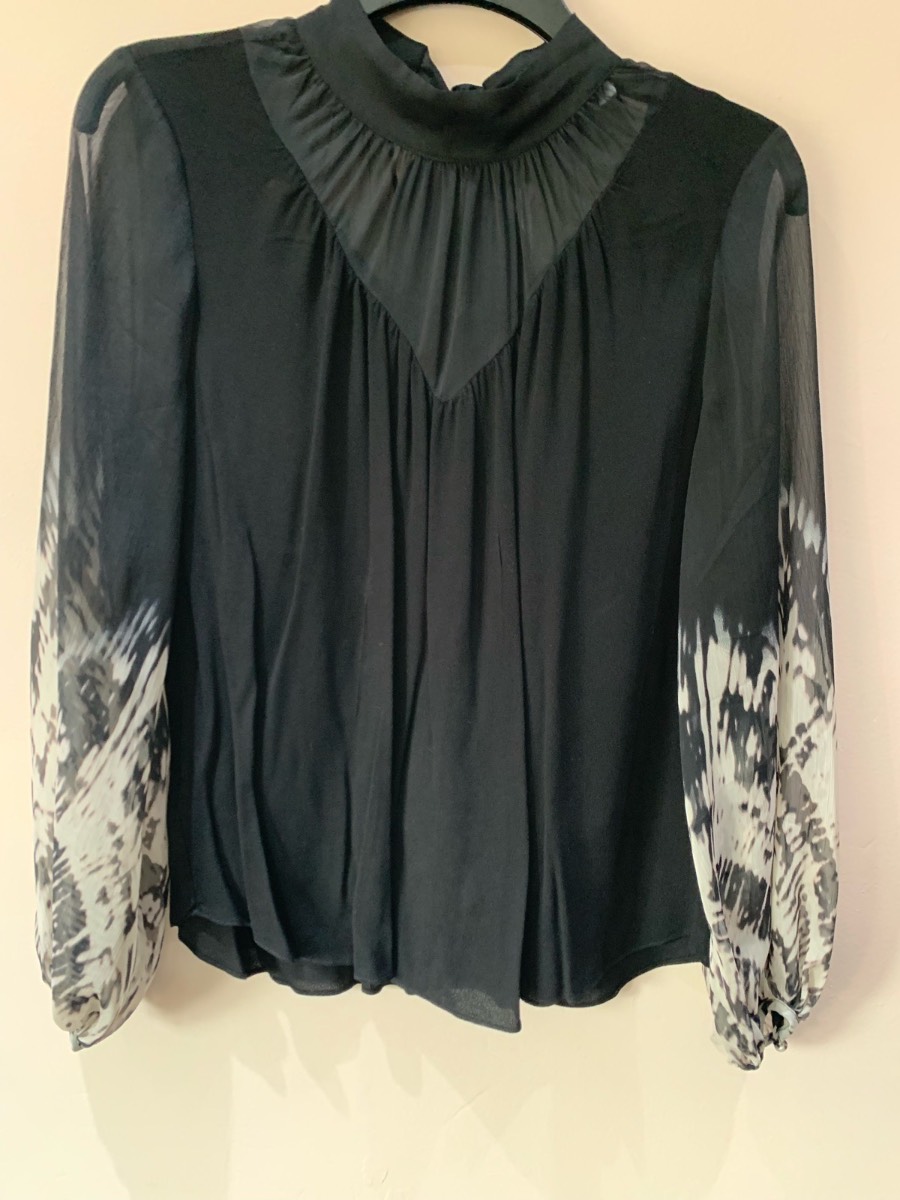 Mint Velvet Black Sheer Sleeve Tie Neck Blouse UK 12 Excellent Condition Party