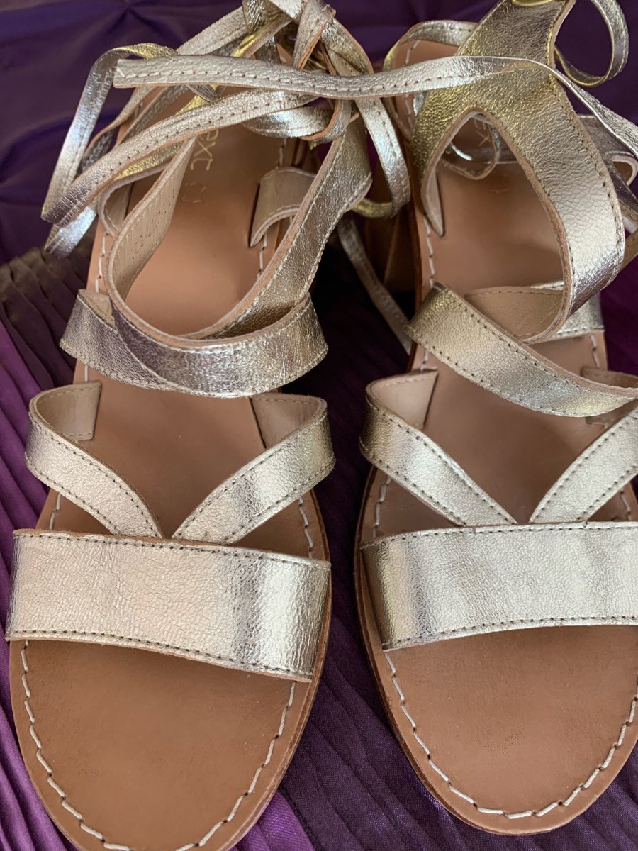 Next Gold Leather Metallic Tie-Up Block Heel Summer Sandals UK 6.5 holiday party