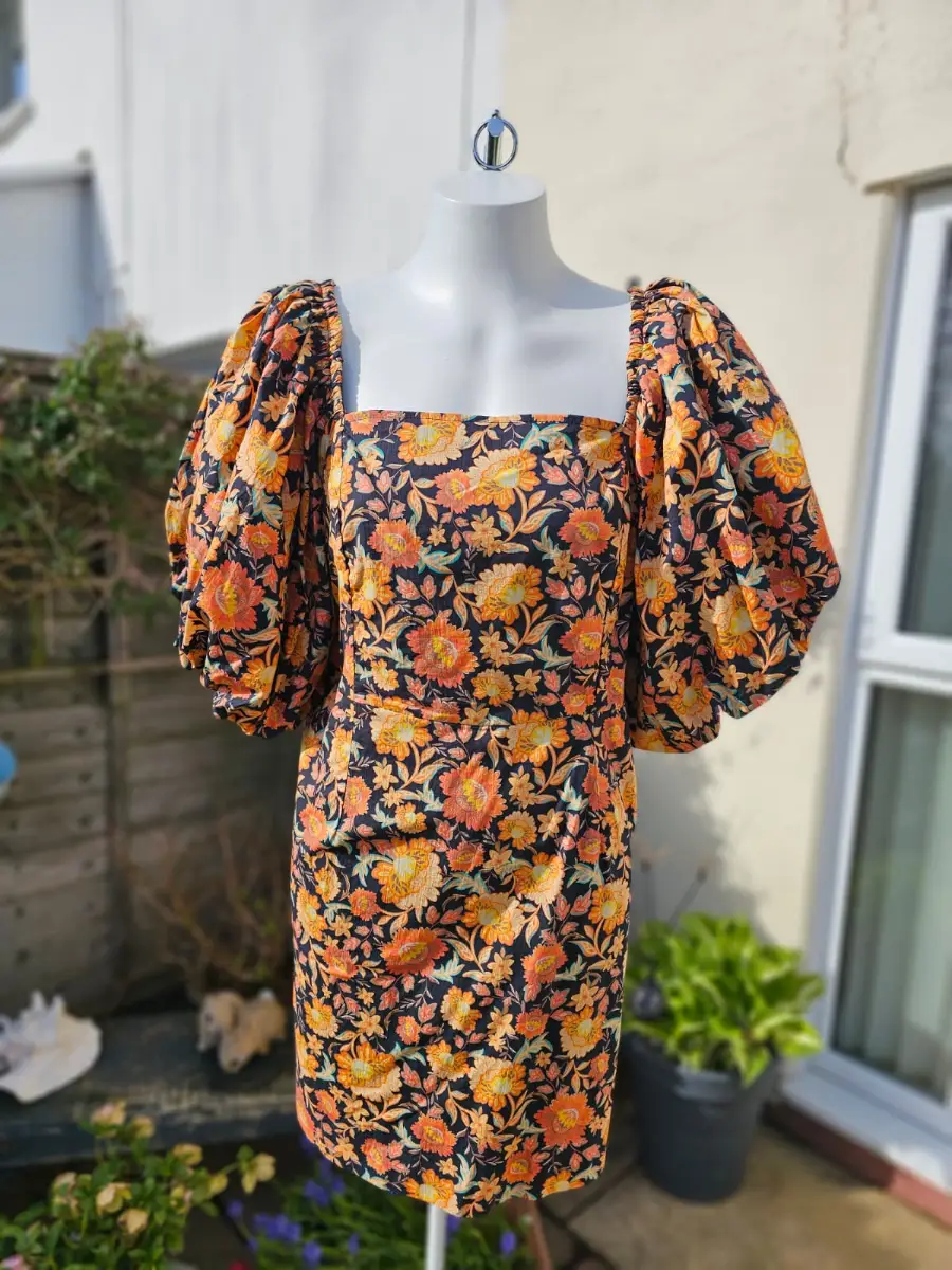 Joanie Penny Floral Print Square Neck Puff Sleeve Spring Dress - UK 18