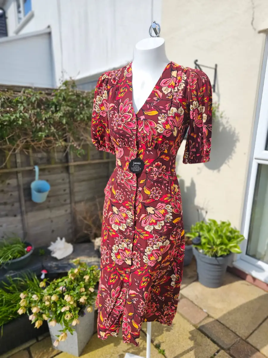 Joanie Rebecca Burgundy Floral Print Puff Sleeve Midi Spring/Summer Dress - 8