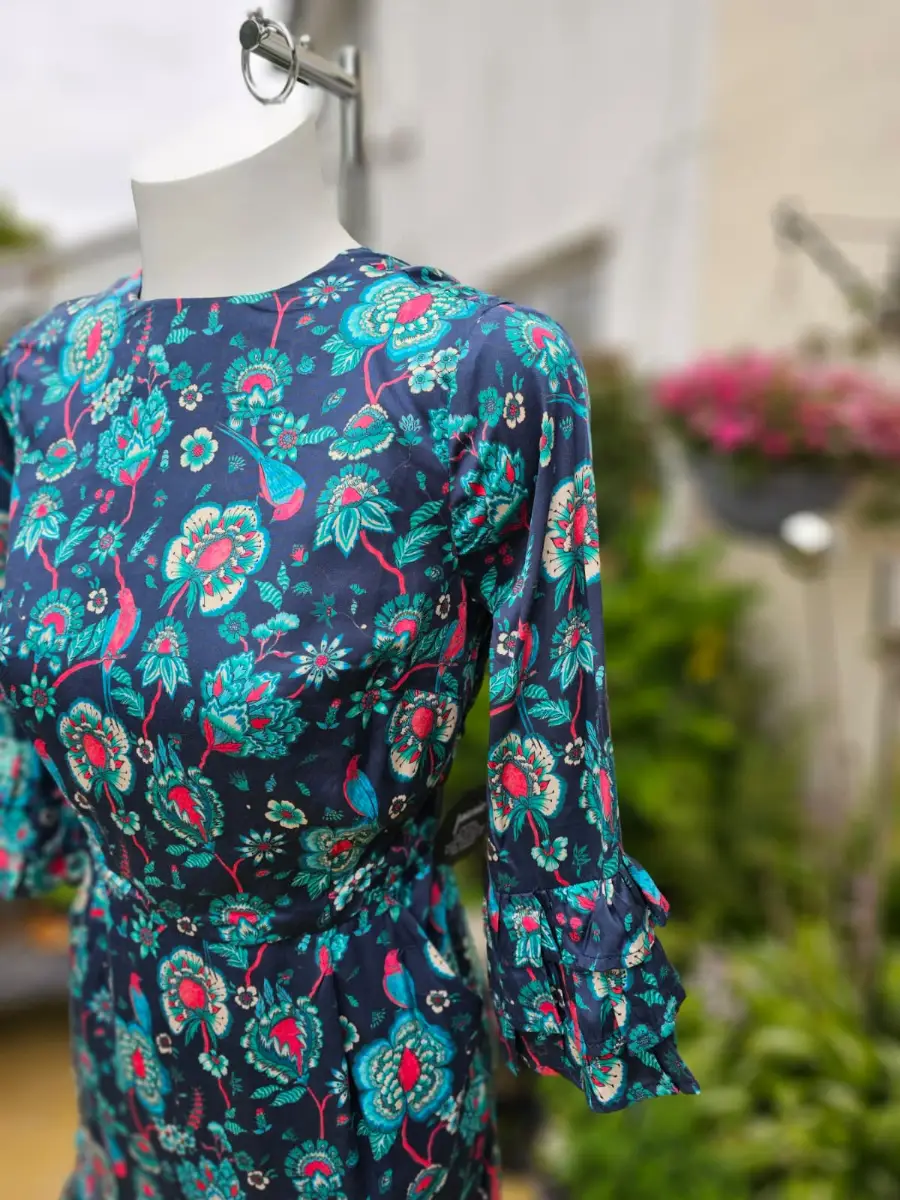 Joanie Caroline Floral Bird Floral Fauna Print Ruffle Mini Spring Dress - UK 8