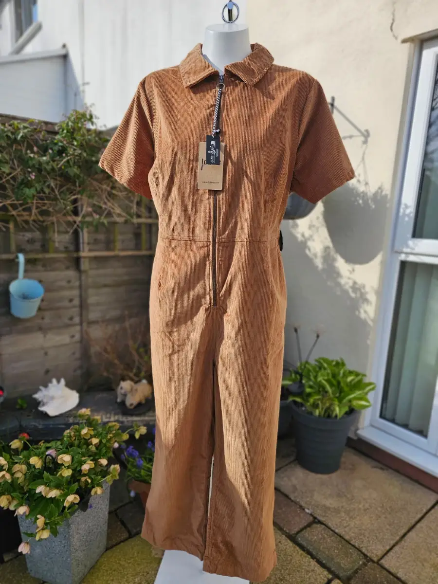 Joanie Women's Robin Short Sleeve Corduroy Zip UP Boilersuit/Jump Suit -20-Brown
