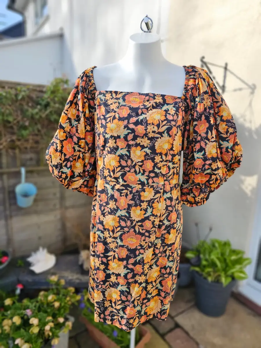 Joanie Penny Floral Print Square Neck Puff Sleeve Spring Dress - UK 24