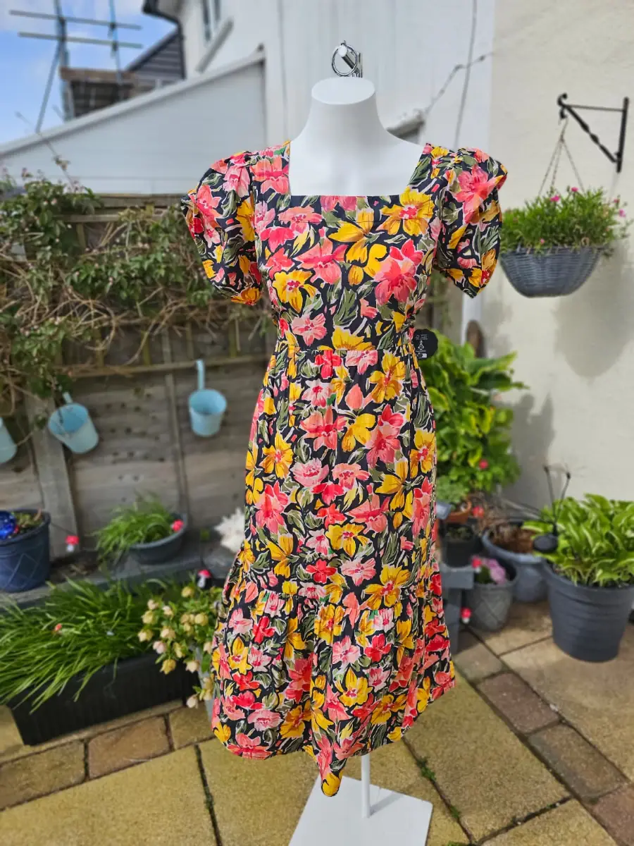 Zeena X Joanie Georgia Painterly Floral Flower Print Square Neck Dress - UK 12