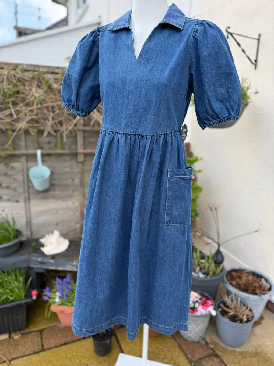 Joanie Womens Jojo Mid Wash Denim Blue Midi Casual Spring Summer Work Dress 10