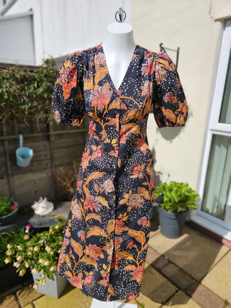 Joanie Rebecca Burgundy Floral Print Puff Sleeve Midi Multi Season Dress - 8