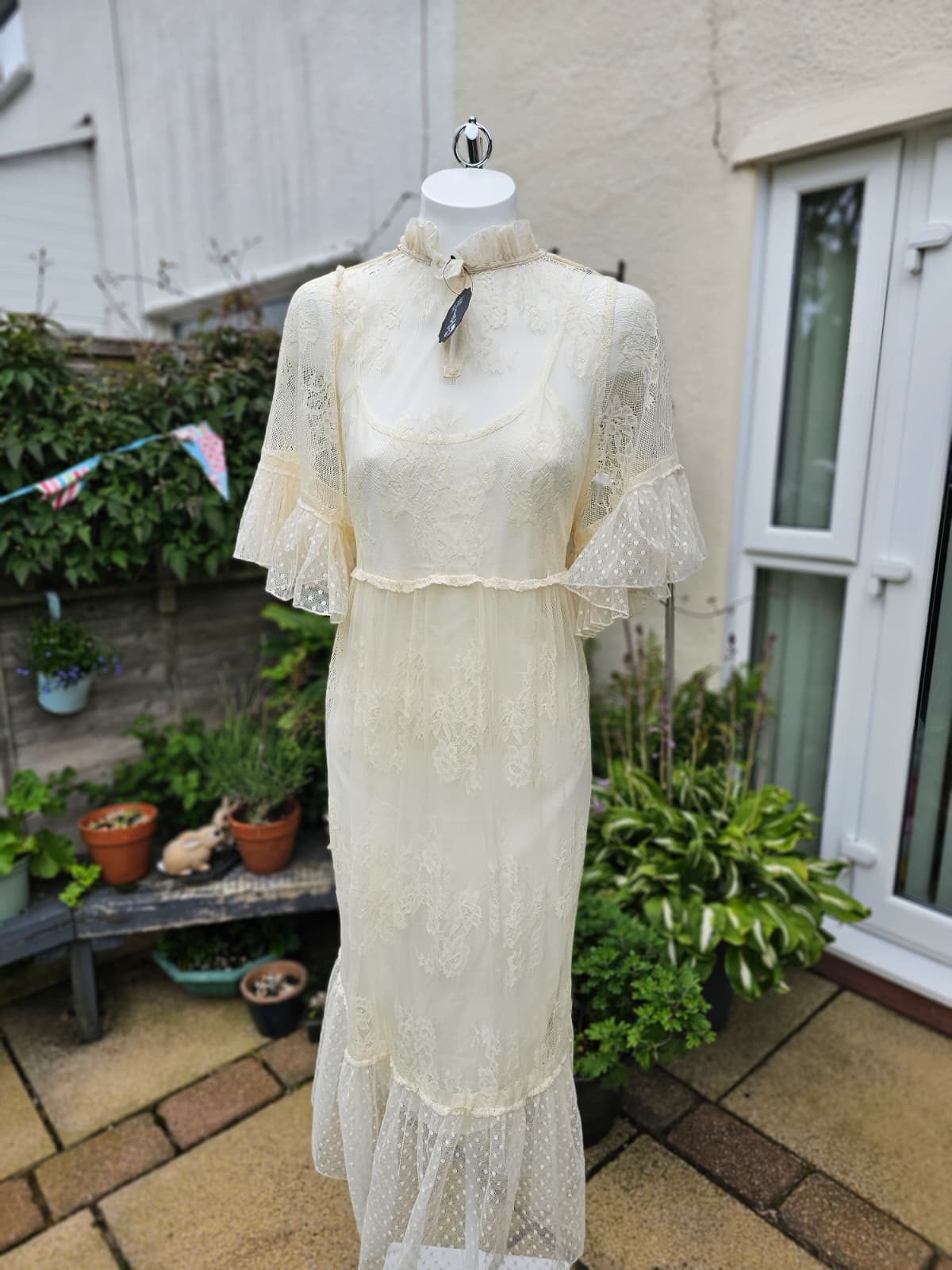 Joanie Havisham High Neck Lace Midi Dress with Ruffle Sleeves and Collar - M/10
