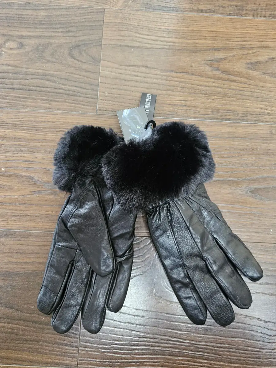 Genuine Womens/Ladies Black Leather Faux Furr Cuff Gloves - S/M Small/Medium