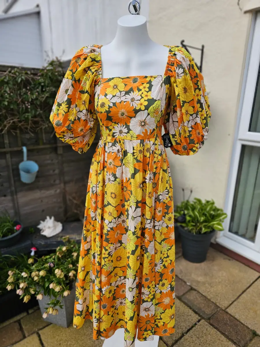 Joanie X Zeena Emma Marigold Floral Puff Sleeve Midaxi Midi/Maxi Dress UK 8