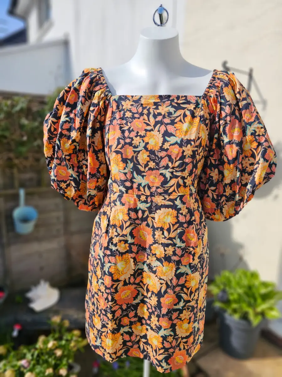 Joanie Penny Floral Print Square Neck Puff Sleeve Spring Dress - UK 12