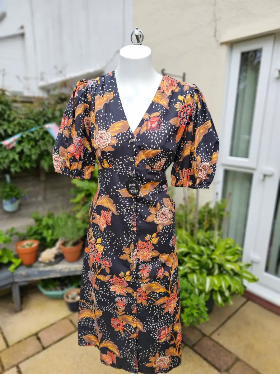 Joanie Rebecca Black Chintz Floral Print Puff Sleeve Button Midi Dress - UK 14