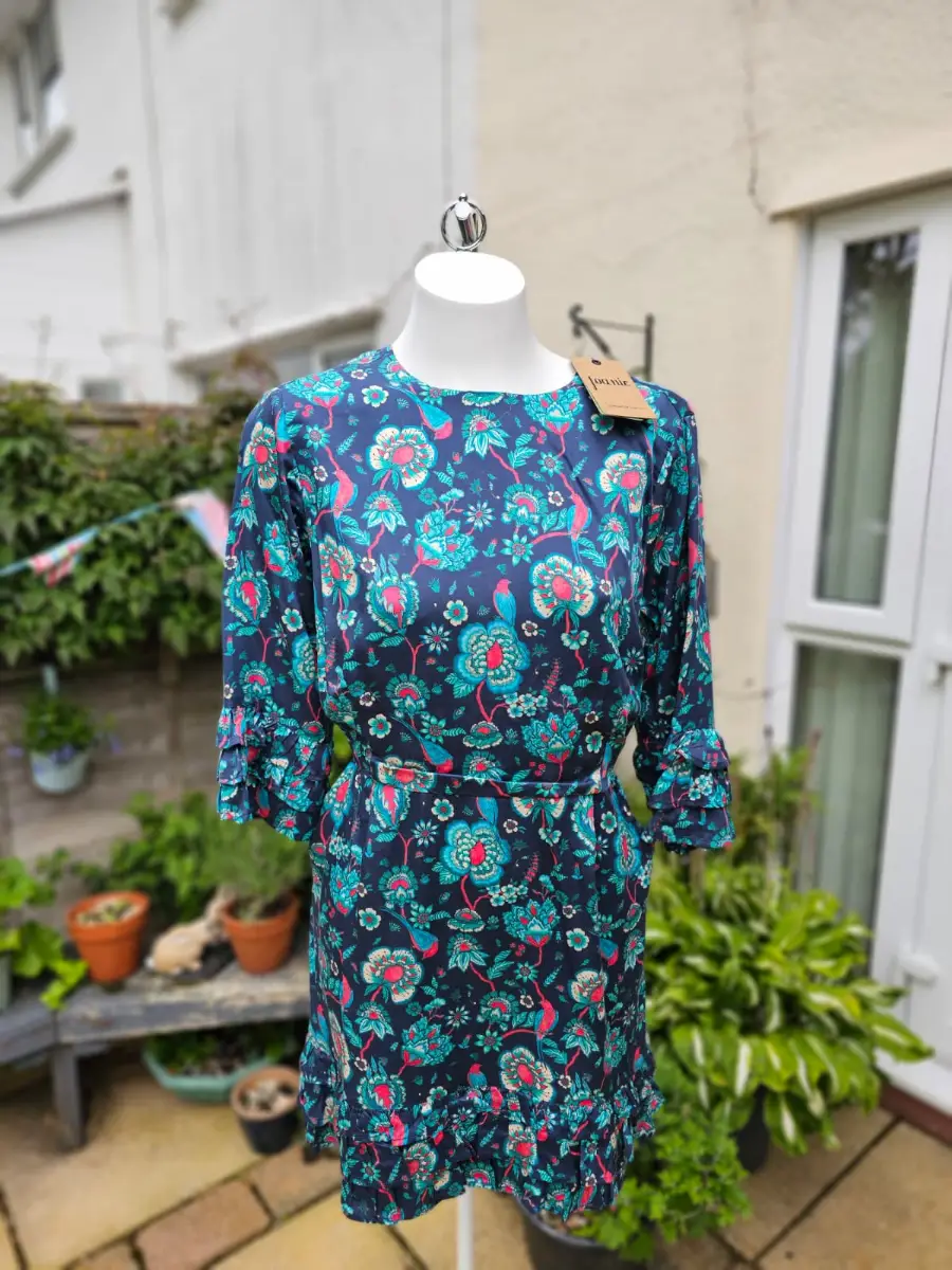 Joanie Caroline Floral Bird Floral Fauna Print Ruffle Mini Spring Dress - UK 14