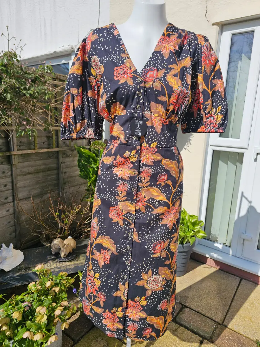 Joanie Rebecca Black Chintz Floral Print Puff Sleeve Button Front Midi Dress 18