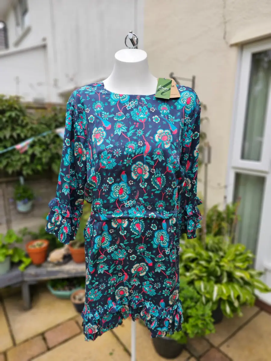 Joanie Caroline Floral Bird Floral Fauna Print Ruffle Mini Spring Dress - UK 20